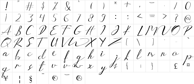 Aucklands Script Regular  glyph index