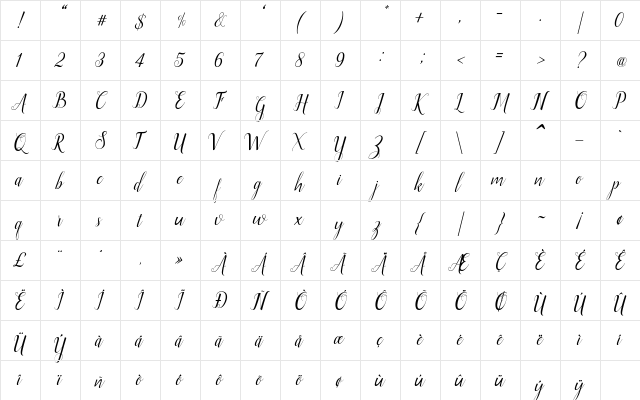 Ellizabeth Regular  glyph index