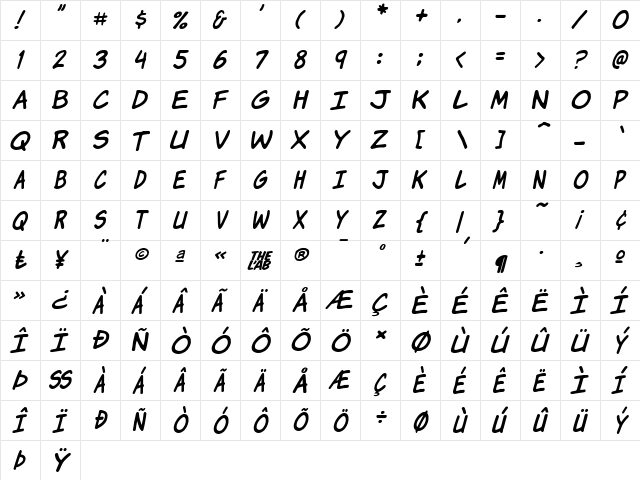 Komika Jam Italic  glyph index