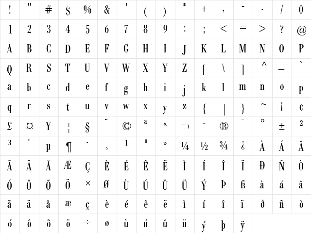 Bodoni BE Condensed  glyph index