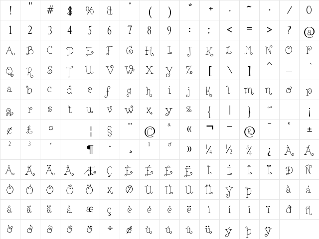 Lejana Regular  glyph index