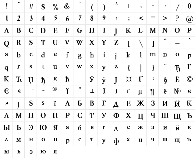 MyslCTT Bold  glyph index