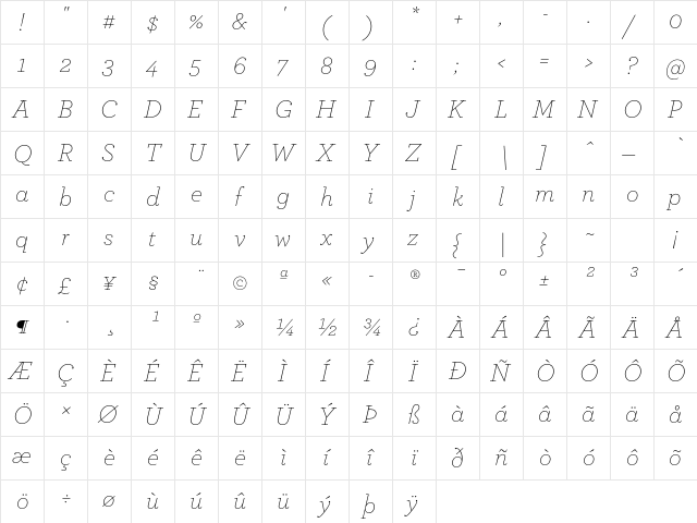 ArcherPro Extra Light Italic  glyph index