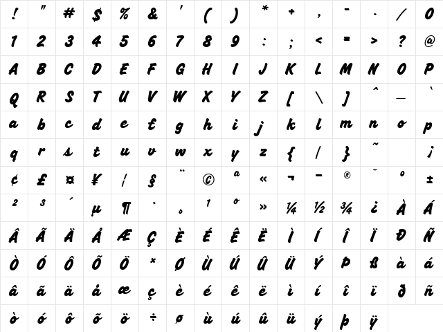 Hutchinson Regular  glyph index