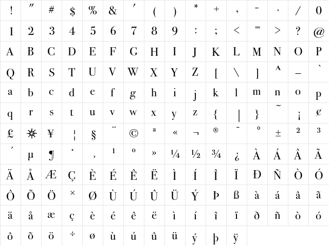 BodoniSeventytwoEF Book  glyph index