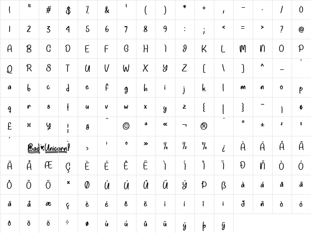 Bad Unicorn DEMO Regular  glyph index