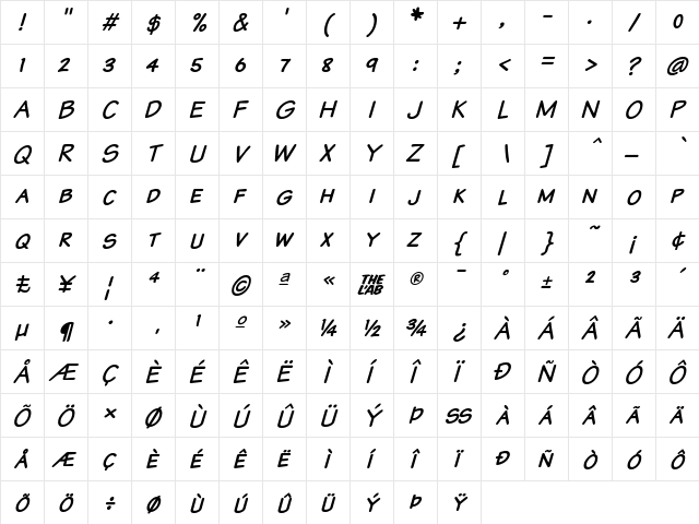 Komika Text Kaps Italic  glyph index