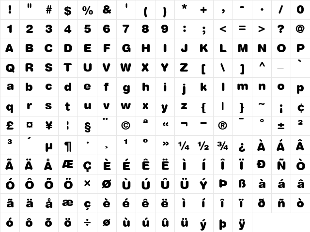 HelveticaRounded-Black Black  glyph index