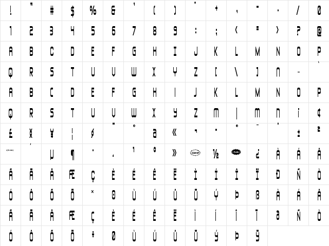 Blizzard Shaft Condensed Regular  glyph index