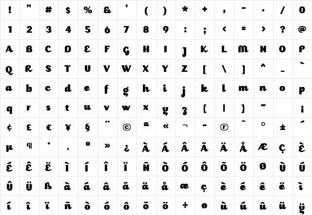 JuicyBlack Regular  glyph index