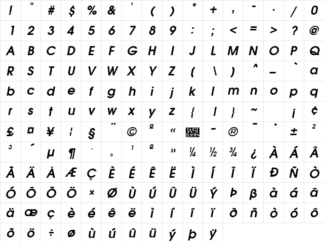 Avian Bold Italic  glyph index