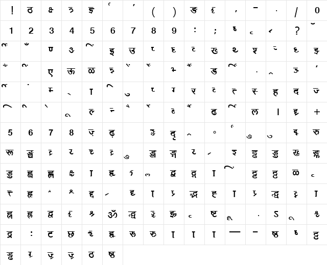 AkrutiDevBhaskar Bold  glyph index