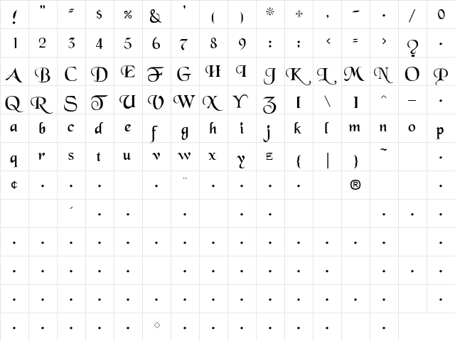 Ivanhoe Regular  glyph index