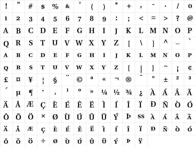 Utopia Semibold with Small Caps & Oldstyle Figures  glyph index