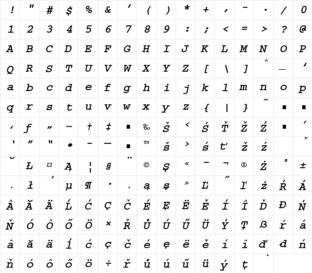 CourierEe Bold Italic  glyph index