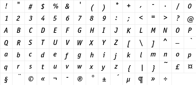 OfficinaSansMediumC Italic  glyph index