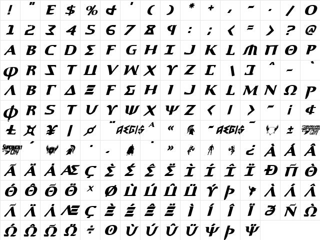 Aegis Italic Italic  glyph index