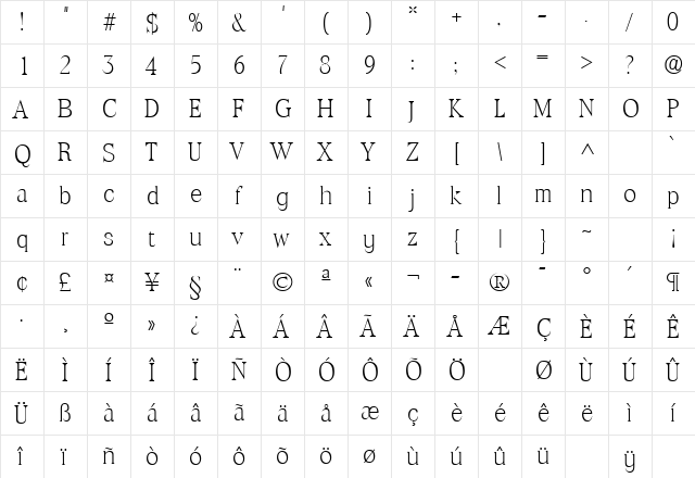 ToledoLH Regular  glyph index