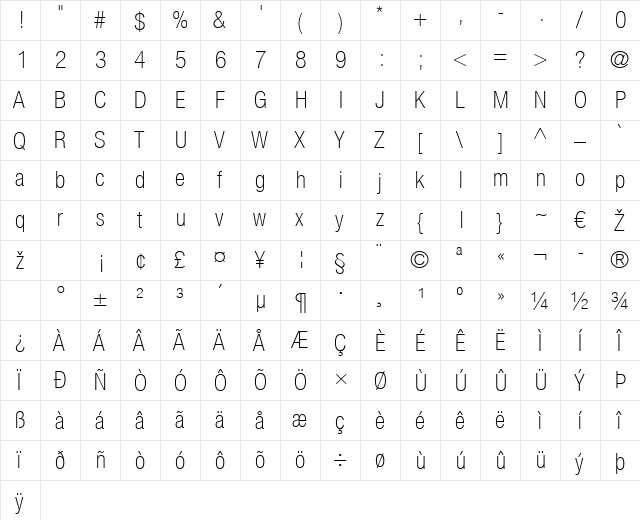 HelveticaNeue LT 37 ThinCn Regular  glyph index