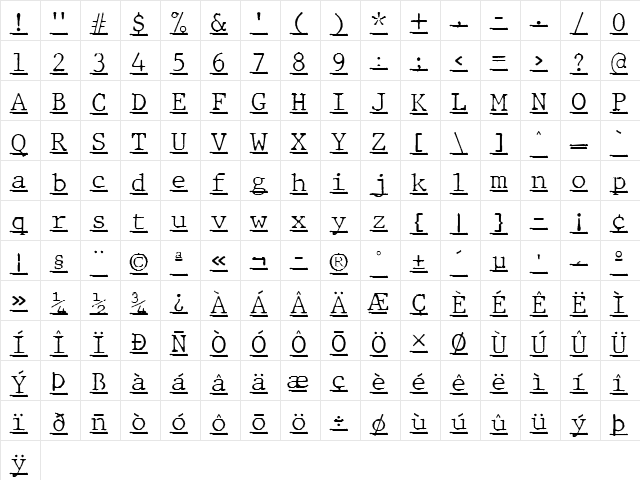 JMH Typewriter mono Fine Under Regular  glyph index