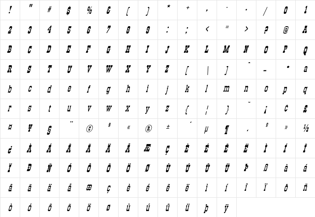 Old-Town Italic Italic  glyph index
