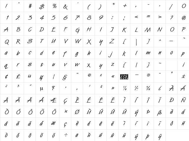 HandStroke Regular  glyph index