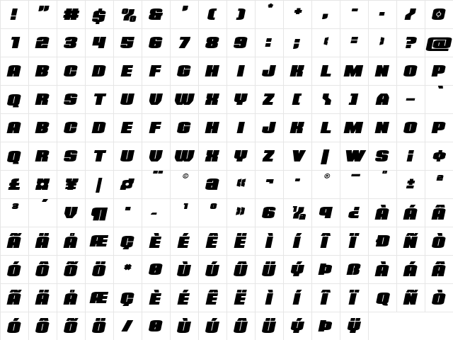 Elephant Gun Expanded Italic Regular  glyph index