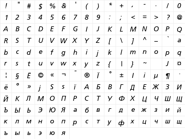 Foreigner Italic  glyph index