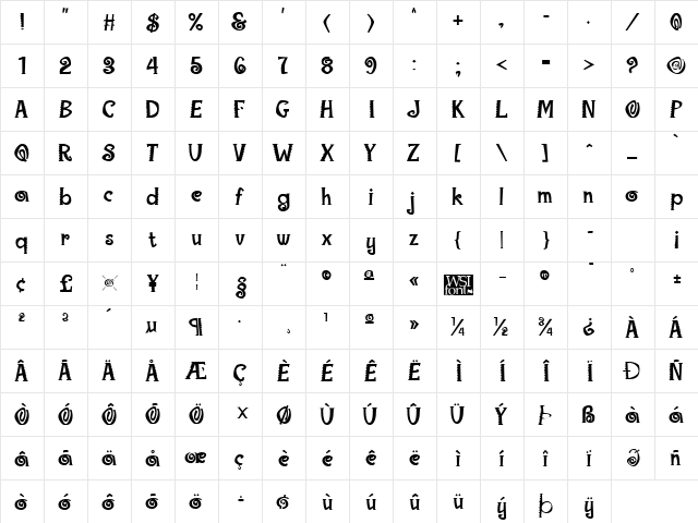 Maraca Extrabold Regular  glyph index