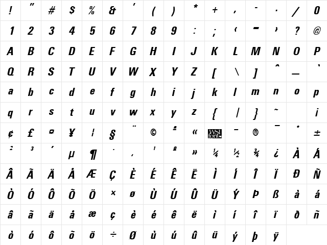 UniversalCondensed Bold Italic  glyph index