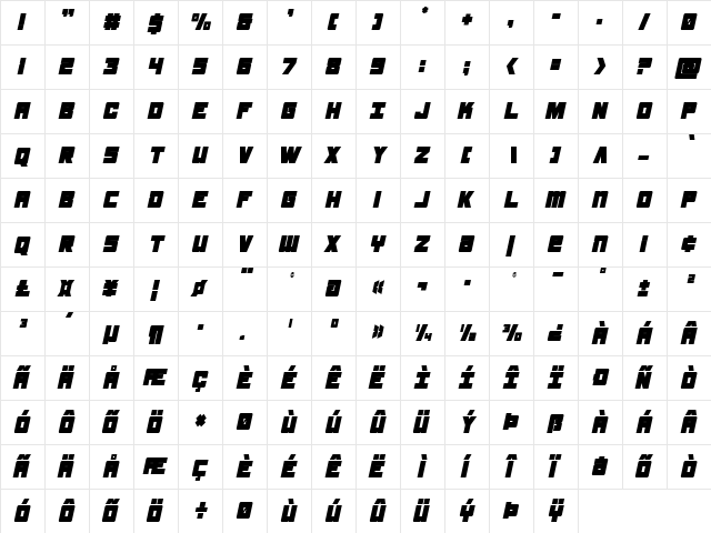 Samurai Terrapin Condensed Italic Condensed Italic  glyph index