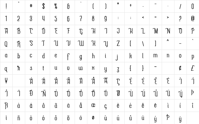 The Hotelio Regular  glyph index