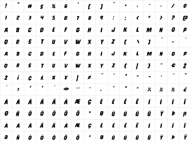 Leatherface Expanded Italic Expanded Italic  glyph index