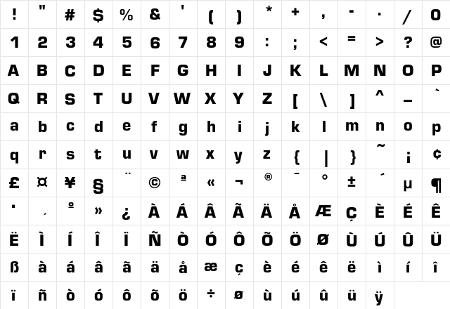 EurostileEF Black  glyph index