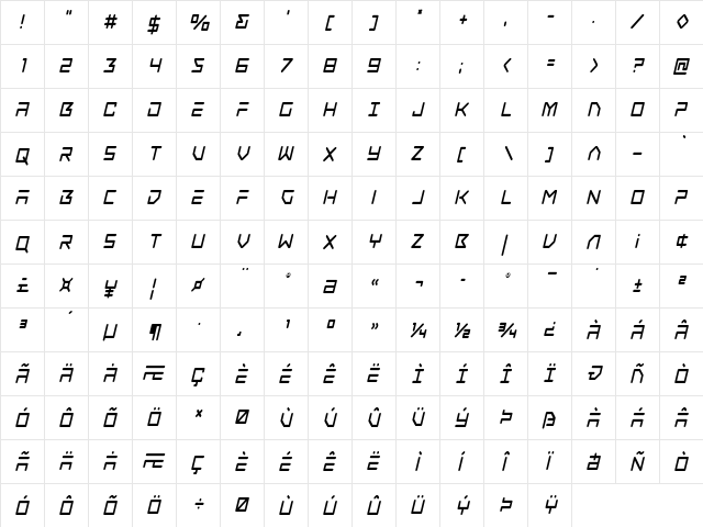 Tempest Apache Condensed Italic Condensed Italic  glyph index