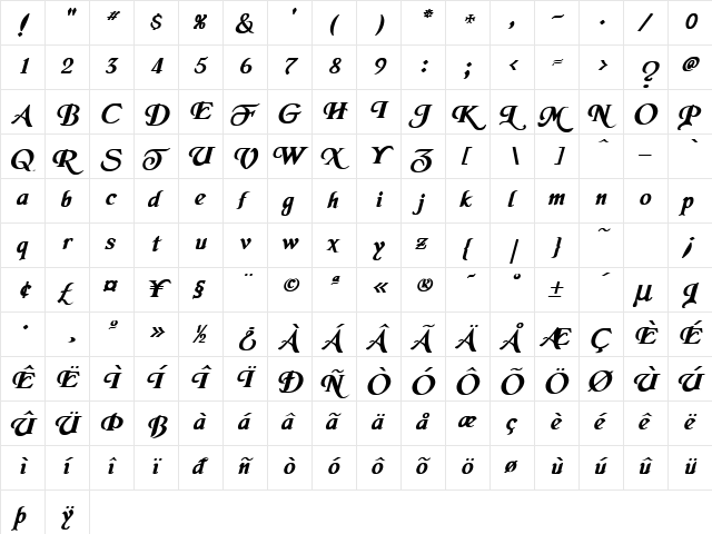 Merced-BoldItal Normal  glyph index