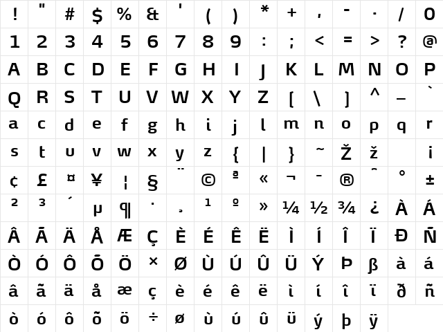 MaxDemiSerifTF-SemiBold Regular  glyph index