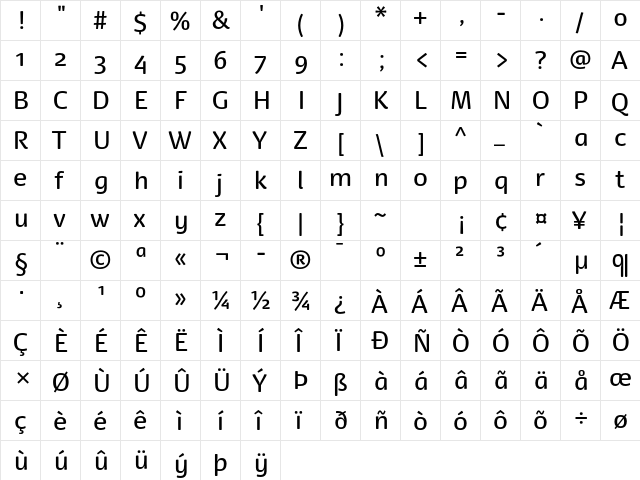 Dancer Pro Book  glyph index