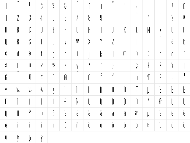 UniversalNineTeen Regular  glyph index