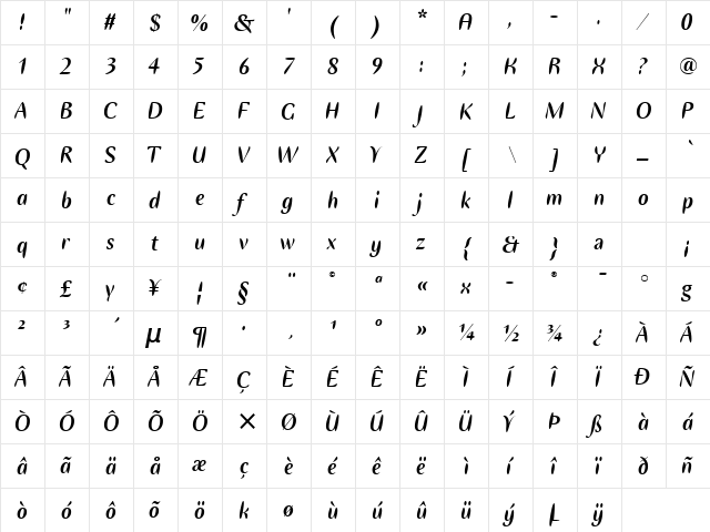 Ellipse ITC TT Bold Italic  glyph index