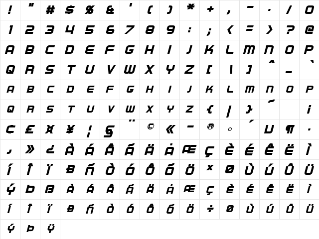 Regen Bold Italic  glyph index