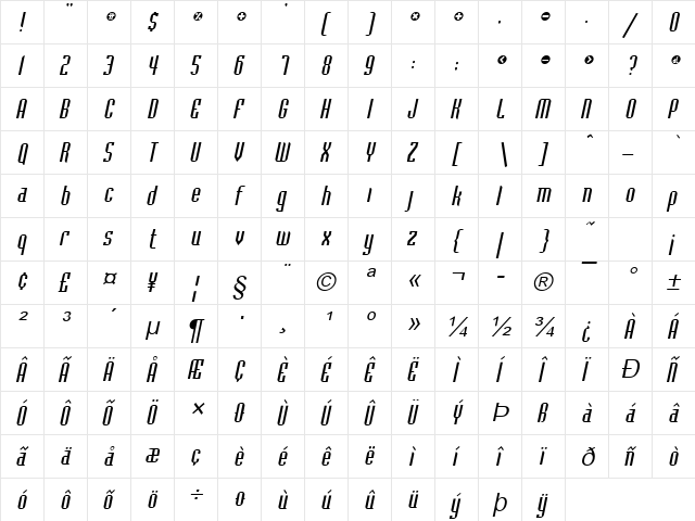 Flintstone Italic  glyph index