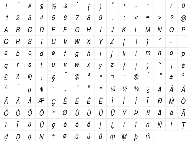 Pali Helvetica Cond Regular  glyph index