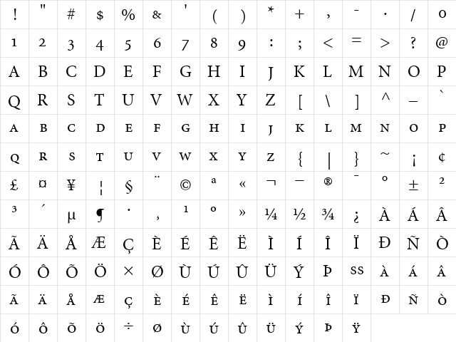 MinionSmallCaps&OldstyleFigures Roman  glyph index
