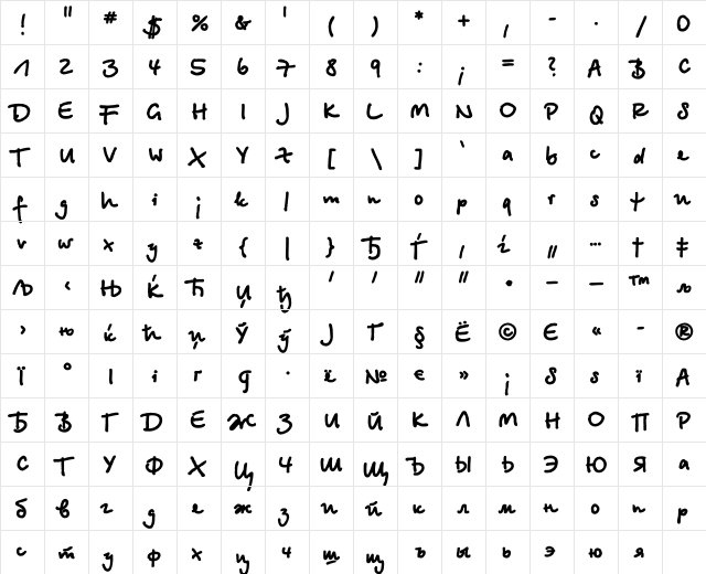 BetinaScriptXC Regular  glyph index