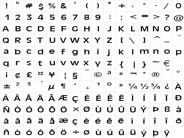 Antiqua101Extended Normal  glyph index