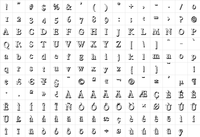 FranciscoShadow-Medium Regular  glyph index