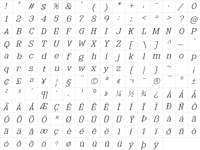 Kingsbridge Expanded ExtraLight Italic  glyph index