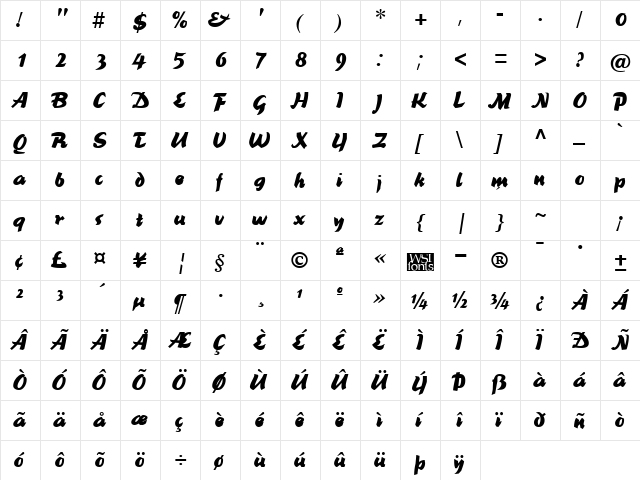 Brookscript Regular  glyph index