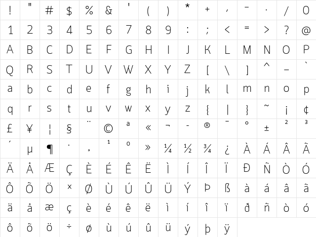 Quark Light  glyph index